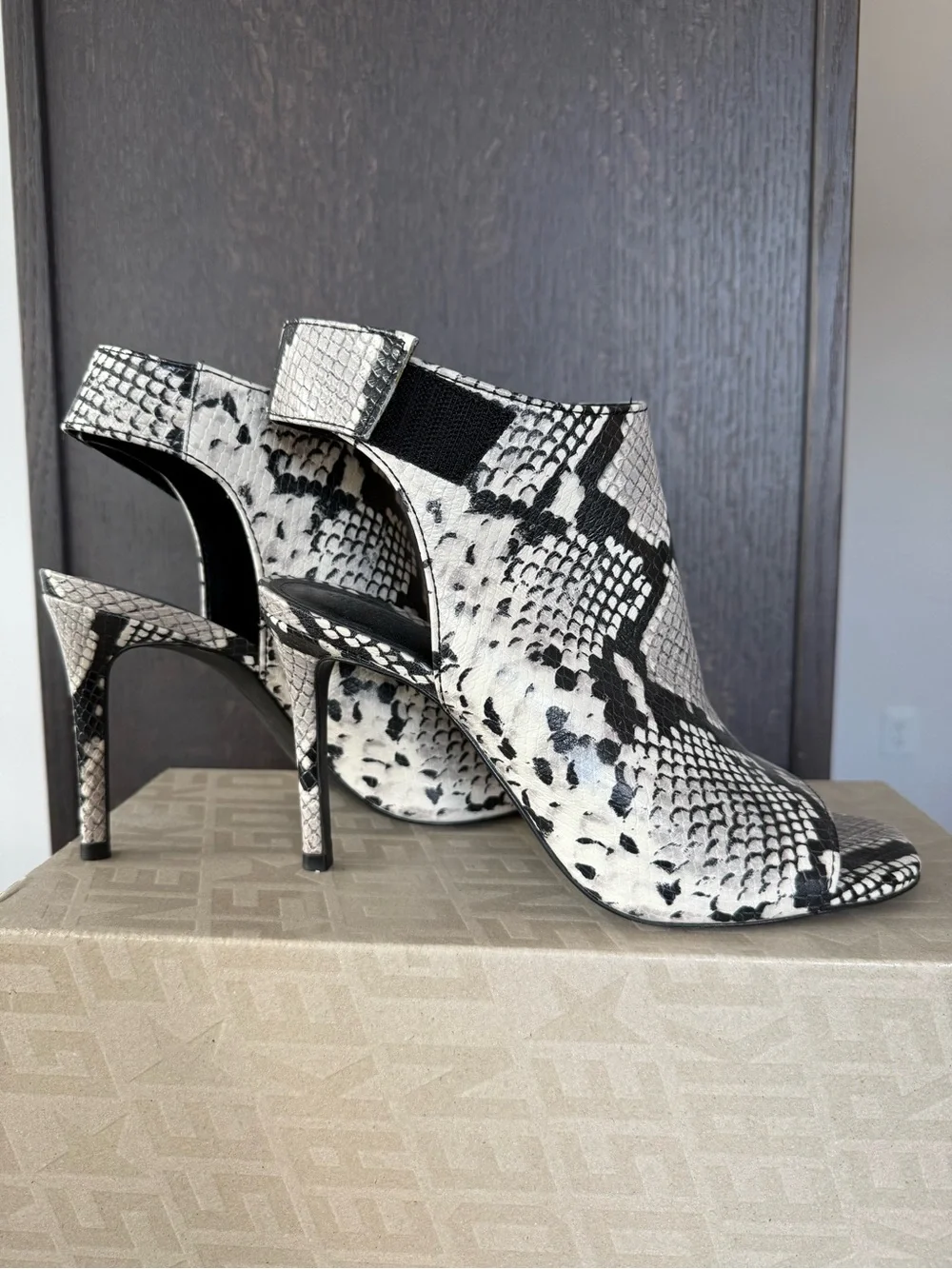 Vince Camuto Black & White Snake-Print Peep-Toe Stiletto Booties